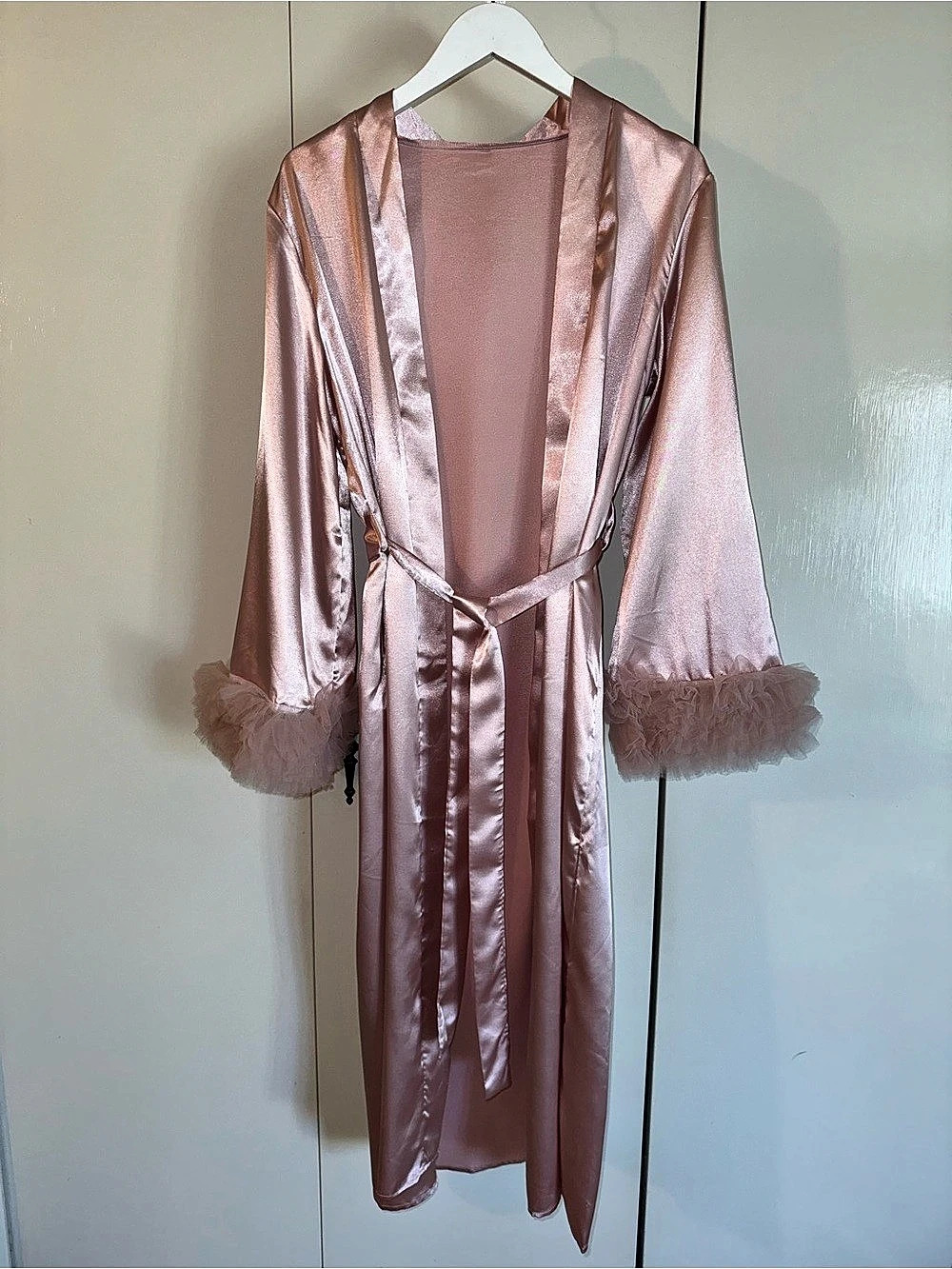 Pink Satin Robe with Ruffle Cuffs NWT